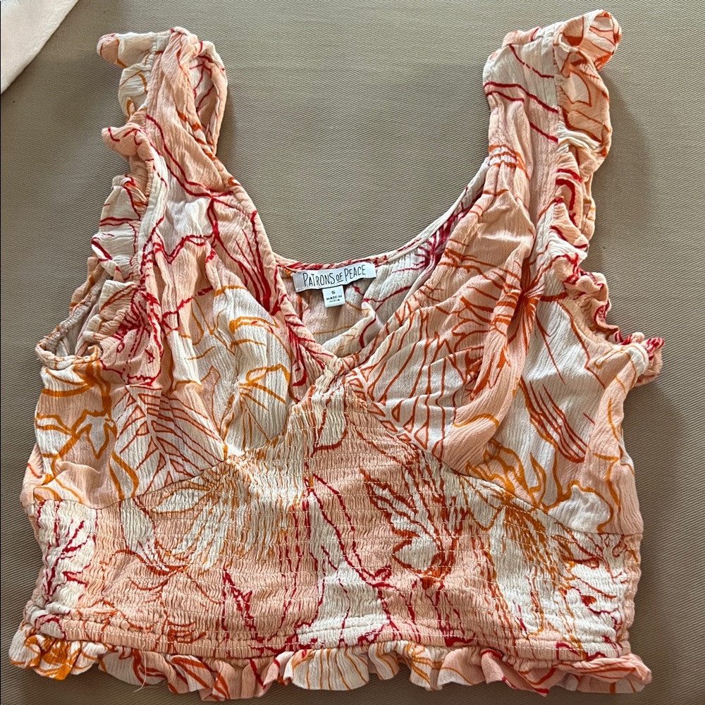 Patrons of Peace Floral Ruffle Tank Top - Red, Orange, Cream
